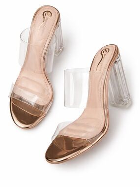 Elegant Collection Clear Block Heels Slip-On Mules Party Shoes Nude Metallic 6